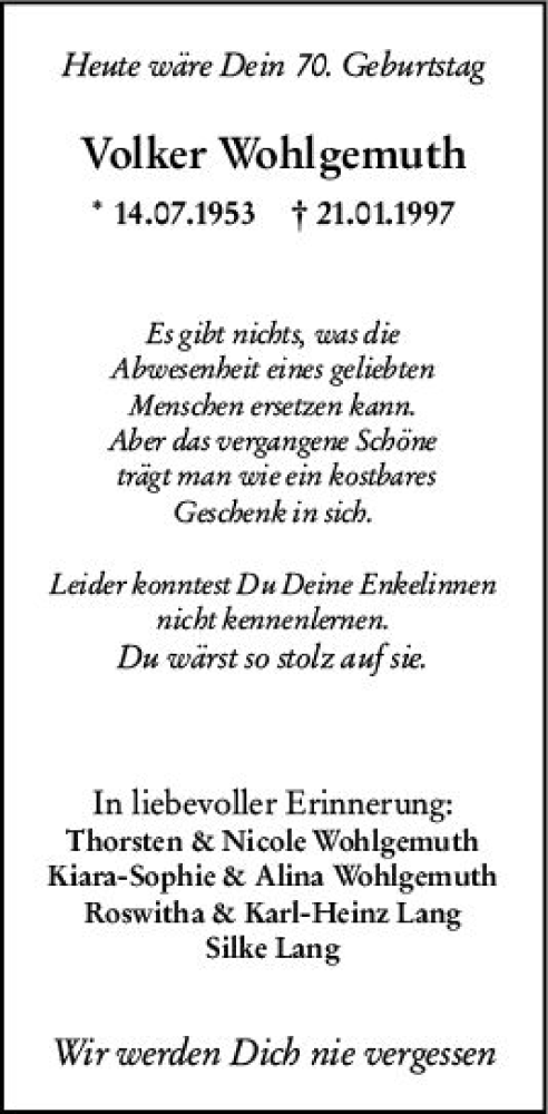 Traueranzeige von Volker Wohlgemuth von Allgemeine Zeitung Mainz