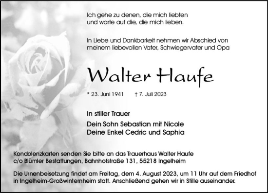 Traueranzeige von Walter Haufe von Allgemeine Zeitung Bingen/Ingelheim