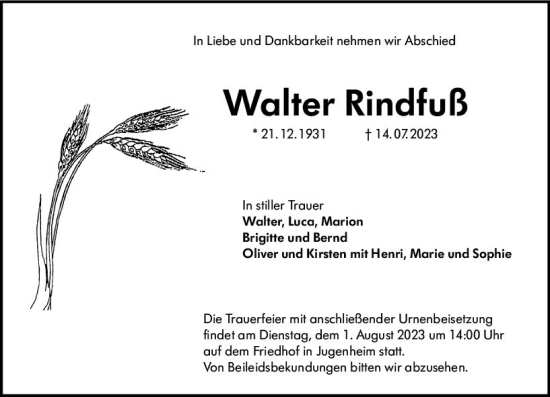 Traueranzeige von Walter Rindfuß von Darmstädter Echo