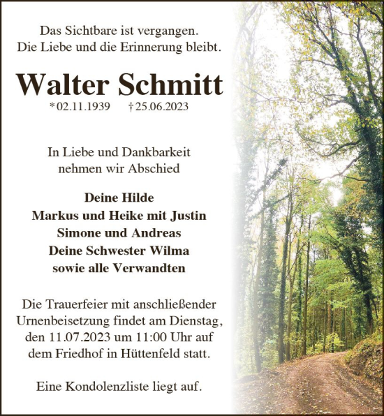 Traueranzeige von Walter Schmitt von Starkenburger Echo