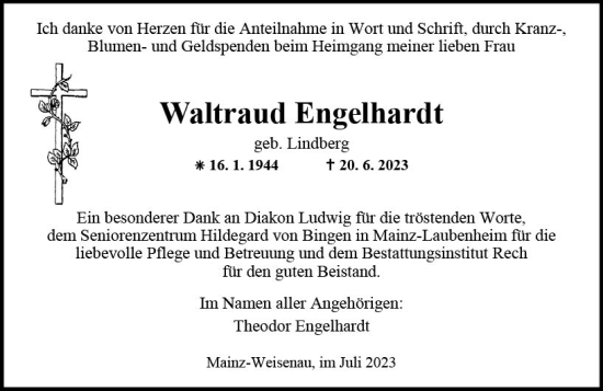Traueranzeige von Waltraud Engelhardt von Allgemeine Zeitung Mainz