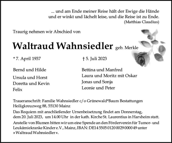Traueranzeige von Waltraud Wahnsiedler von Allgemeine Zeitung Mainz