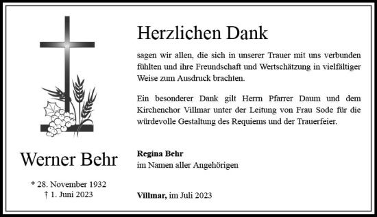 Traueranzeige von Werner Behr von Nassauische Neue Presse