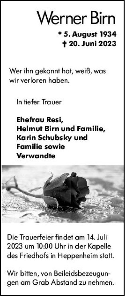 Traueranzeige von Werner Birn von Darmstädter Echo