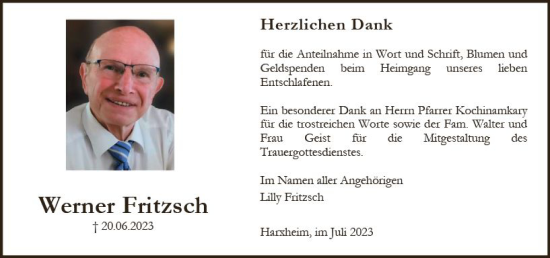 Traueranzeige von Werner Fritzsch von Allgemeine Zeitung Mainz