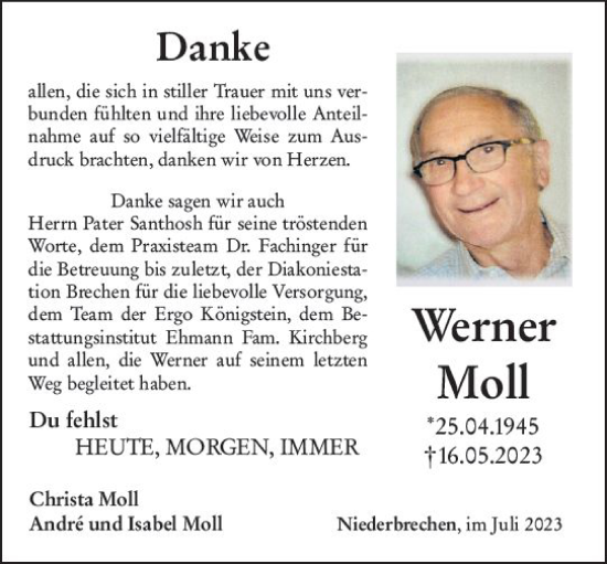 Traueranzeige von Werner Moll von Camberger Anzeiger