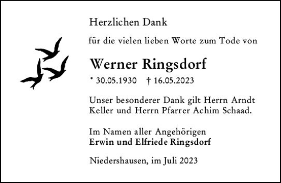 Traueranzeige von Werner Ringsdorf von Weilburger Tageblatt