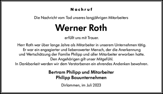 Traueranzeige von Werner Roth von VRM Trauer