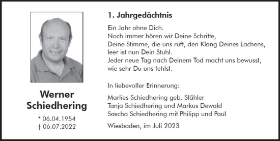 Traueranzeige von Werner Schiedhering von Wiesbadener Kurier