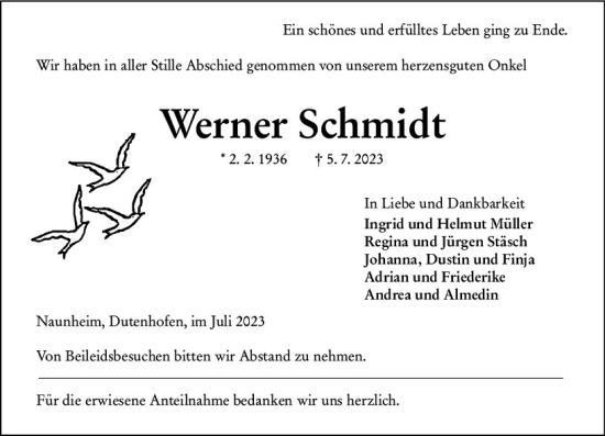 Traueranzeige von Werner Schmidt von Wetzlarer Neue Zeitung