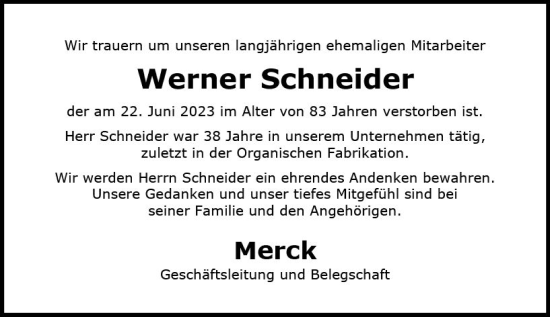 Traueranzeige von Werner Schneider von Darmstädter Echo