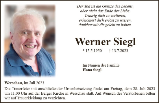 Traueranzeige von Werner Siegl von Camberger Anzeiger