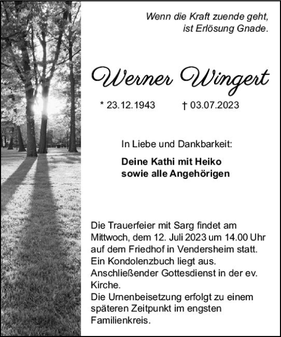 Traueranzeige von Werner Wingert von Allgemeine Zeitung Alzey