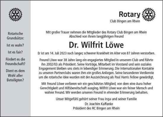 Traueranzeige von Wilfrit Löwe von Allgemeine Zeitung Bingen/Ingelheim
