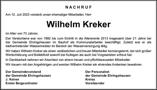 Traueranzeige von Wilhelm Kreker von Wetzlarer Neue Zeitung
