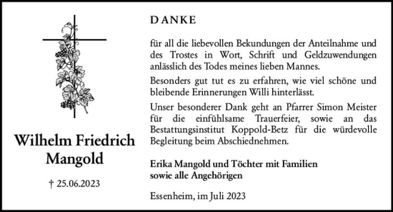 Traueranzeige von Wilhelm Friedrich Mangold von Allgemeine Zeitung Mainz