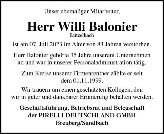 Traueranzeige von Willi Balonier von Odenwälder Echo