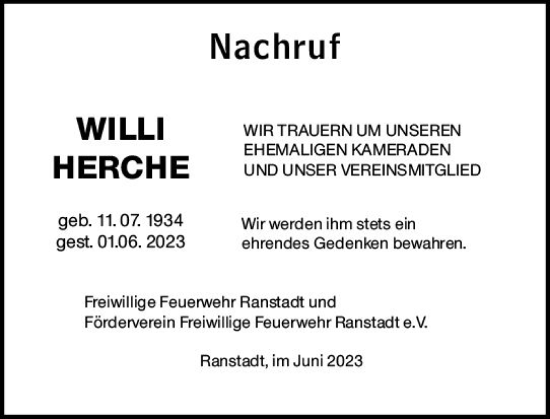 Traueranzeige von Willi Herche von VRM Trauer
