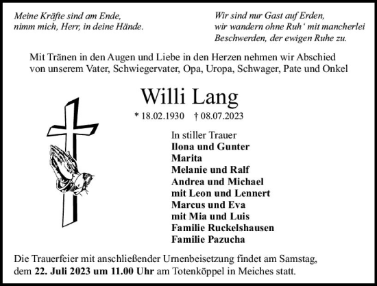 Traueranzeige von Willi Lang von VRM Trauer
