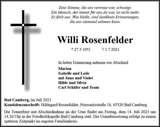 Traueranzeige von Willi Rosenfelder von Camberger Anzeiger