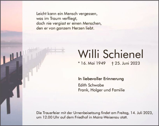 Traueranzeige von Willi Schienel von Allgemeine Zeitung Mainz