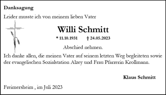 Traueranzeige von Willi Schmitt von Allgemeine Zeitung Alzey