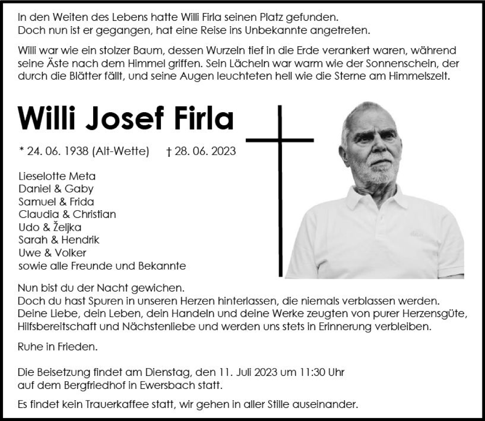  Traueranzeige für Willi Josef Firla vom 07.07.2023 aus Dill Block
