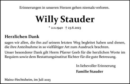Traueranzeige von Willy Stauder von Allgemeine Zeitung Mainz Traueranzeige von Willy Stauder von Allgemeine Zeitung Mainz
