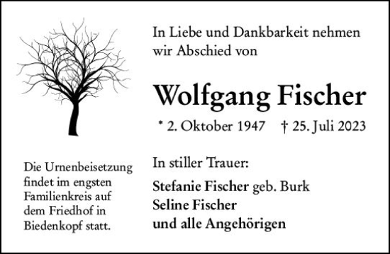 Traueranzeige von Wolfgang Fischer von Hinterländer Anzeiger