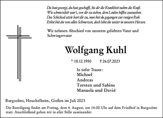 Traueranzeige von Wolfgang Kuhl von Wetzlarer Neue Zeitung