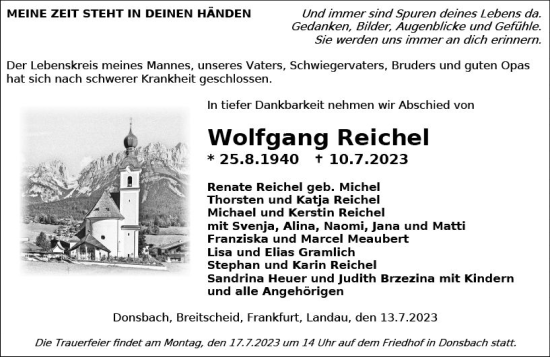 Traueranzeige von Wolfgang Reichel von Dill Block