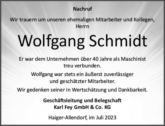 Traueranzeige von Wolfgang Schmidt von Dill Block