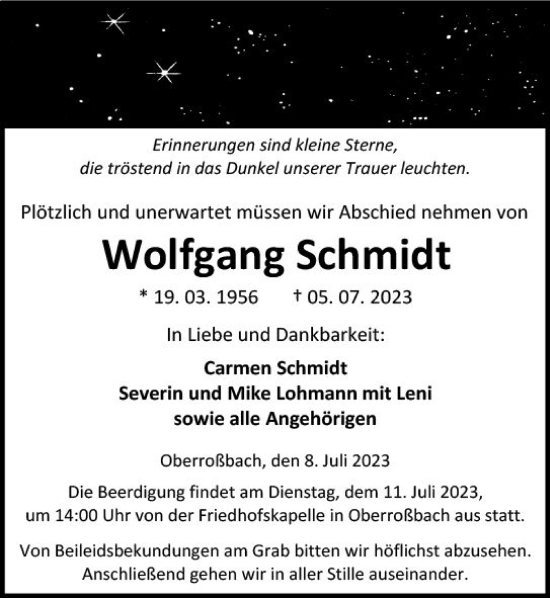 Traueranzeige von Wolfgang Schmidt von Dill Block