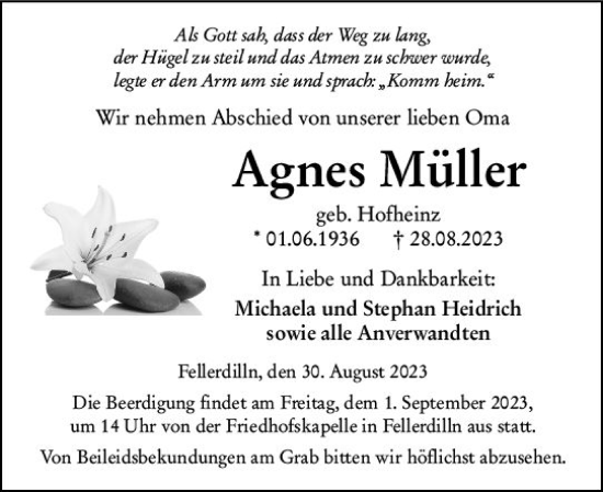 Traueranzeige von Agnes Müller von Dill Block