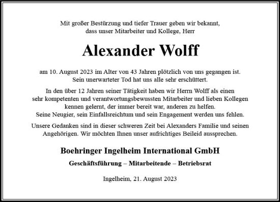 Traueranzeige von Alexander Wolff von Allgemeine Zeitung Mainz