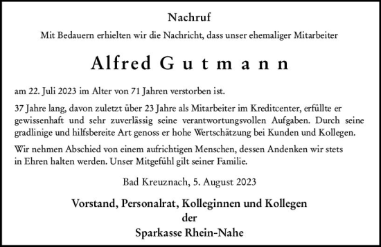 Traueranzeige von Alfred Gutmann von Allgemeine Zeitung Bad Kreuznach