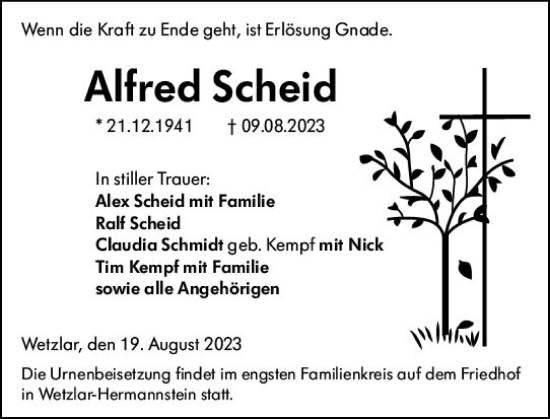 Traueranzeige von Alfred Scheid von Wetzlarer Neue Zeitung