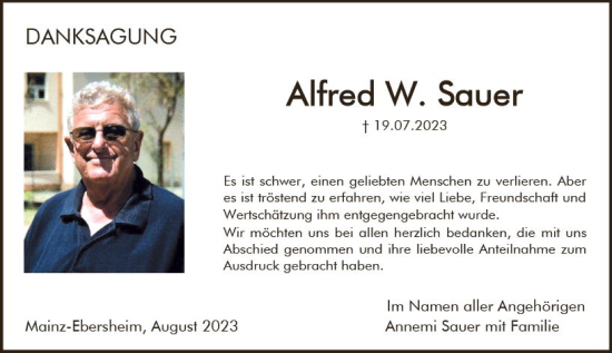 Traueranzeige von Alfred W. Sauer von Allgemeine Zeitung Mainz
