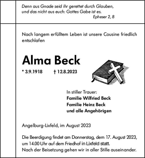 Traueranzeige von Alma Beck von Hinterländer Anzeiger