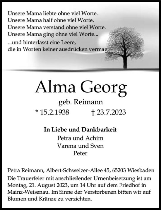 Traueranzeige von Alma Georg von Allgemeine Zeitung Mainz