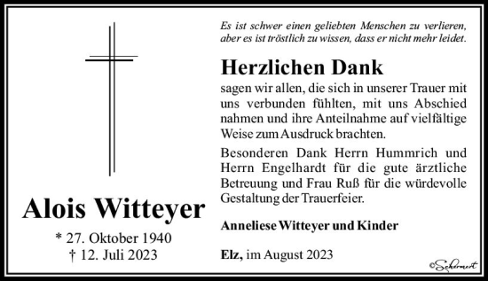 Traueranzeige von Alois Witteyer von Nassauische Neue Presse