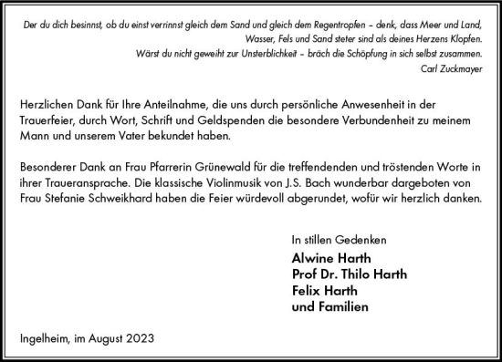Traueranzeige von Alwine Harth von Allgemeine Zeitung Bingen/Ingelheim