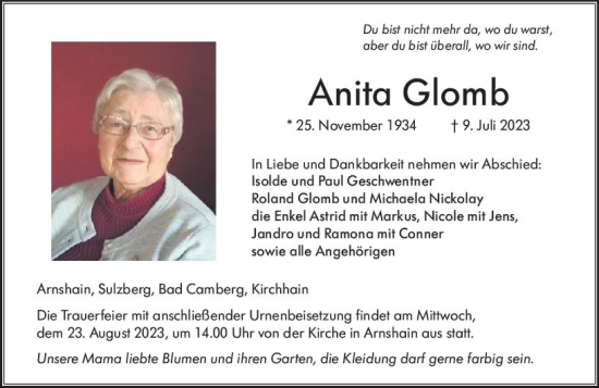 Traueranzeige von Anita Glomb von VRM Trauer