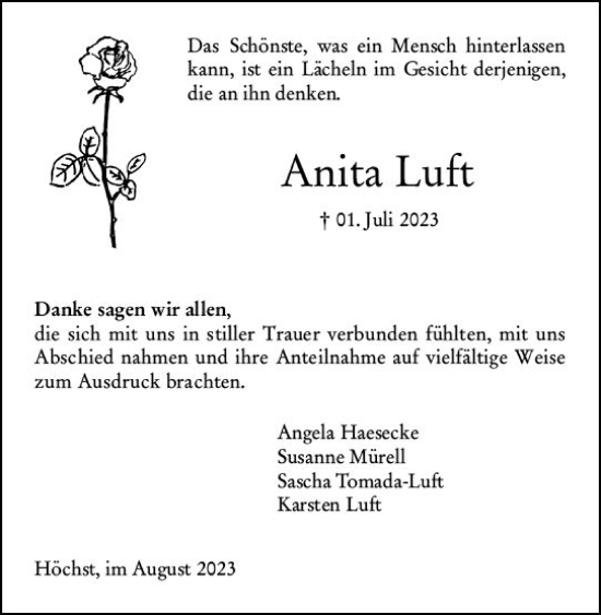 Traueranzeige von Anita Luft von Odenwälder Echo