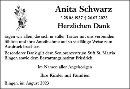 Traueranzeige von Anita Schwarz von Bingen/Ingelheim WOBL inkl. Neue Binger Ztg.