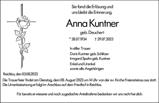 Traueranzeige von Anna Kuntner von VRM Trauer
