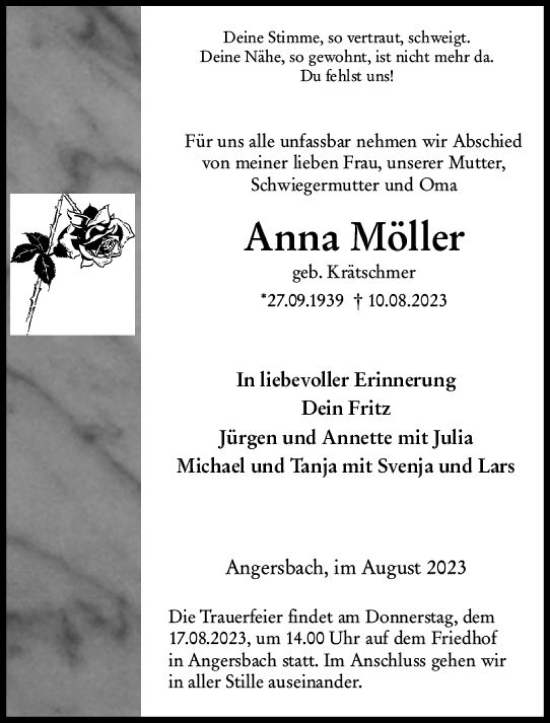 Traueranzeige von Anna Möller von VRM Trauer