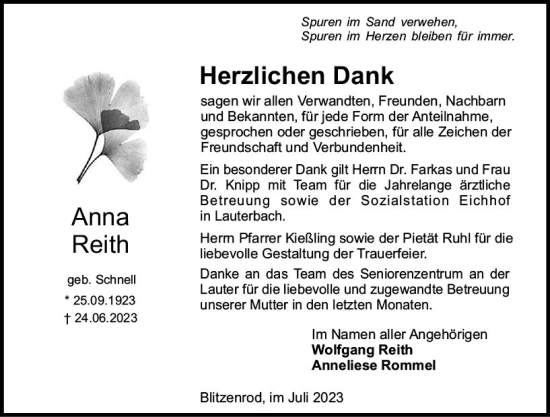 Traueranzeige von Anna Reith von VRM Trauer