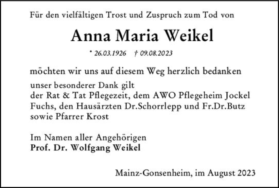 Traueranzeige von Anna Maria Weikel von Allgemeine Zeitung Mainz