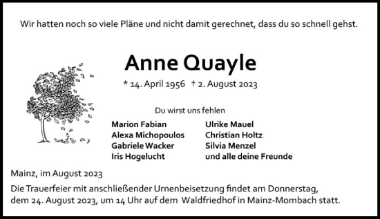 Traueranzeige von Anne Quayle von Allgemeine Zeitung Mainz